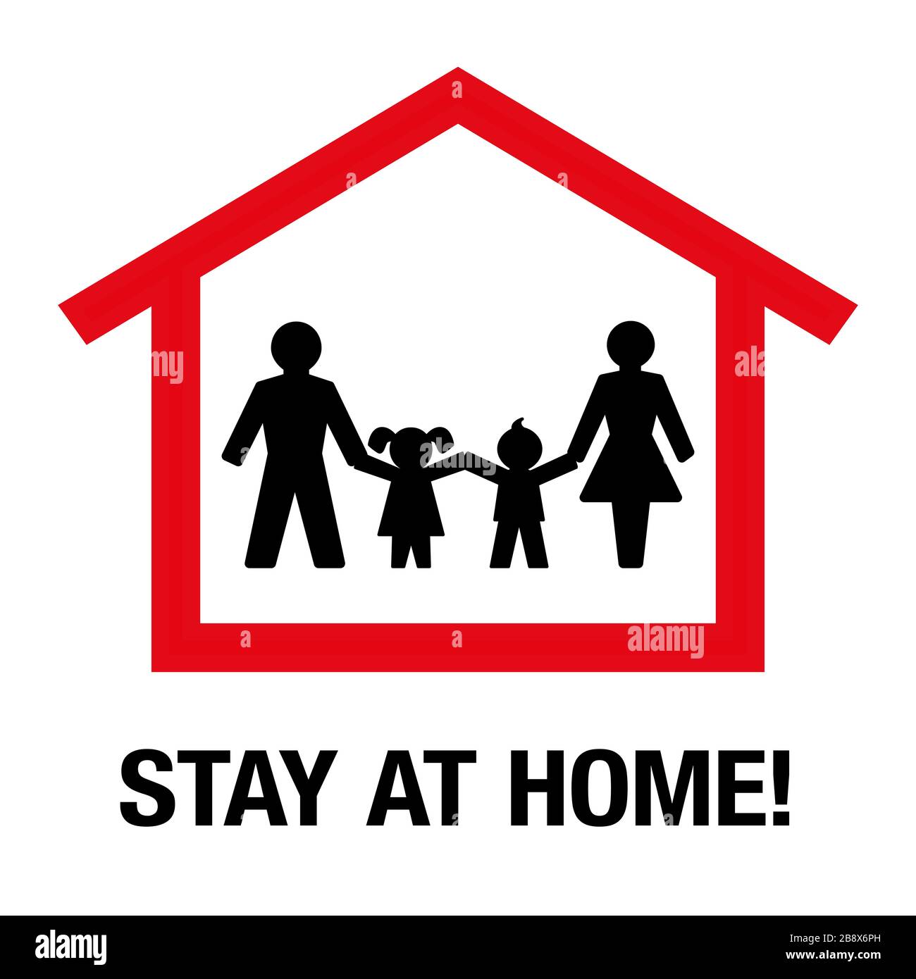 Symbol "zu Hause bleiben". Selbstquarantäne-Piktogramm einer Familie, die allein in ihrem Haus wohnt - Abbildung auf weißem Hintergrund. Stockfoto