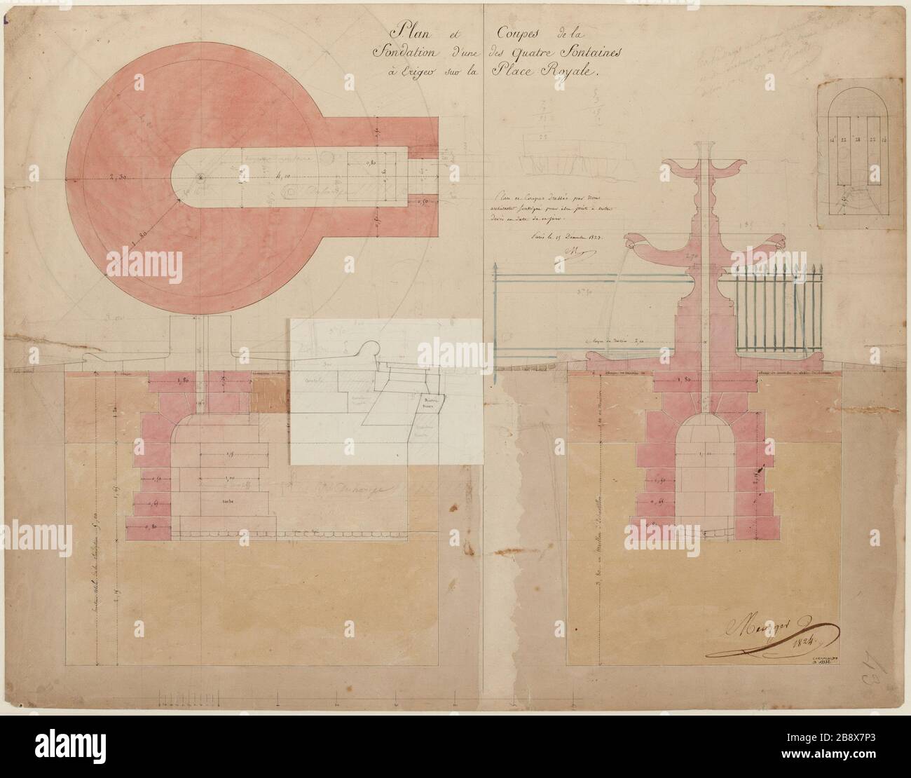 Plan und Abschnitte des Fundaments einer der vier Brunnen, die auf dem Place Royale errichtet wurden. Stockfoto