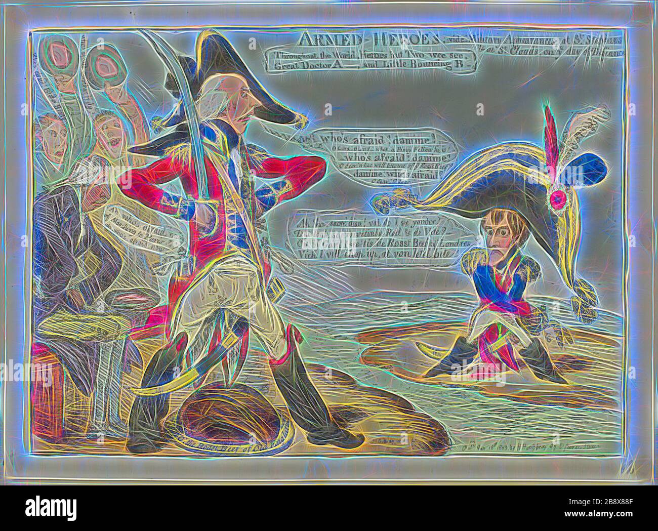 Armed Heroes, gest., (gest.: "Bewaffnete Helden", gest. "gest.", "James Gillray" (Britisch, 1756-1815), herausgegeben von Hannah Humphrey (Englisch, ca. 1745-185), England, Radierung, mit Handfärbung, auf Papier, von Gibon neu vorgestellt, Design von warmfröhlichem Leuchten von Helligkeit und Lichtstrahlen. Klassische Kunst mit moderner Note neu erfunden. Fotografie, inspiriert vom Futurismus, die dynamische Energie moderner Technologie, Bewegung, Geschwindigkeit und Kultur revolutionieren. Stockfoto