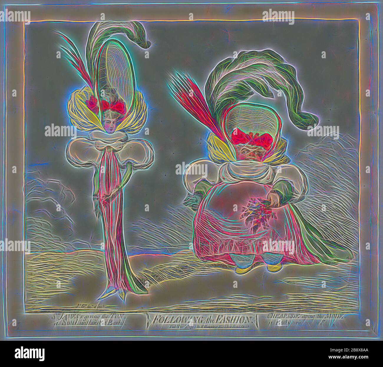 Im Anschluss an die Mode, erschienen am 9. Dezember 174, James Gillray (Englisch, 1756-1815), herausgegeben von Hannah Humphrey (Englisch, ca. 1745-186), England, handfarbige Radierung auf Papier, 305 × 340 mm (Bild), 325 × 370 mm (Platte), 350 × 385 mm (Blatt), von Gibon neu vorgestellt, Design von warmfröhlichem Leuchten von Helligkeit und Lichtstrahlen. Klassische Kunst mit moderner Note neu erfunden. Fotografie, inspiriert vom Futurismus, die dynamische Energie moderner Technologie, Bewegung, Geschwindigkeit und Kultur revolutionieren. Stockfoto