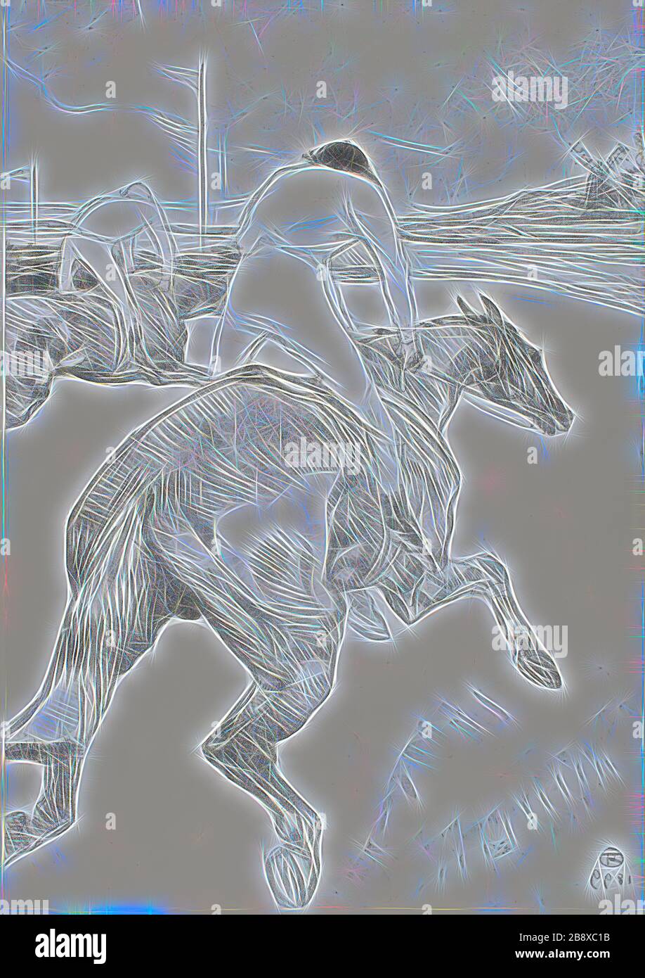 The Jockey, 1899, Henri de Touloure-Lautrec, Französisch, 1864-1901, Frankreich, lithograph on Greyish-Elfenbein laid China paper, 516 × 361 mm, reimaginiert von Gibon, Design of warm heiter glühend of brightness and light rays radiance. Klassische Kunst mit moderner Note neu erfunden. Fotografie, inspiriert vom Futurismus, die dynamische Energie moderner Technologie, Bewegung, Geschwindigkeit und Kultur revolutionieren. Stockfoto