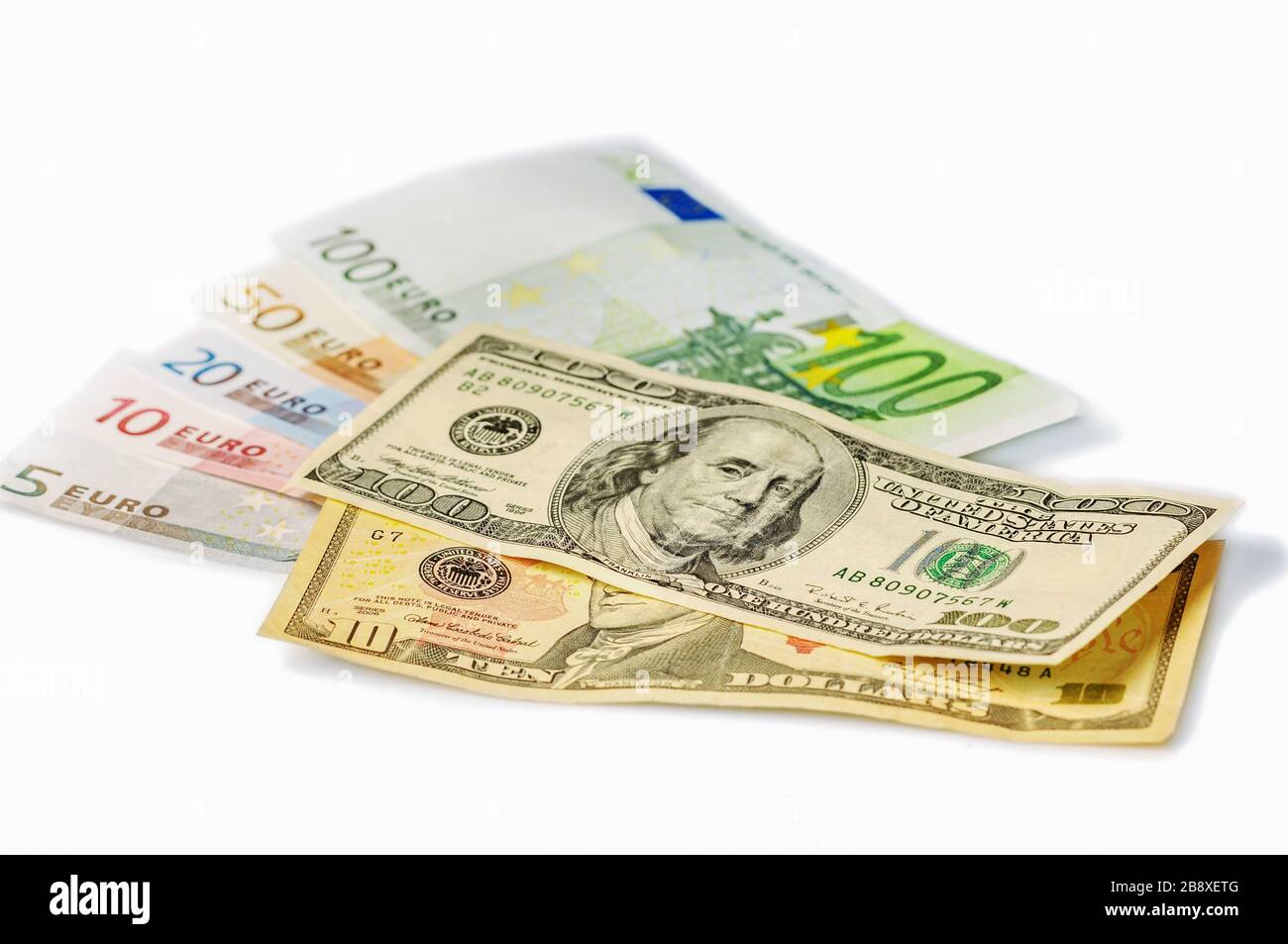 Dollar- und Euro-Noten. "Dollar", "Exchange", "Currency", "Cash" Stockfoto