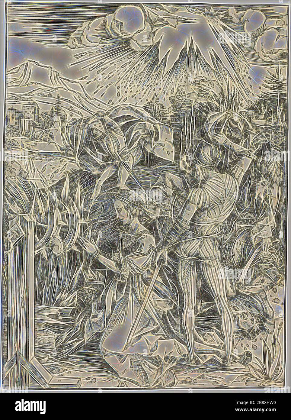 Das Martyrium der heiligen Katharina, c 1498, Albrecht Dürer, Deutsch, 1471-1528, Deutschland, Holzschnitt in Schwarz auf elfenbeinfarbenem Laienpapier, 384 x 282 mm, von Gibon neu erdacht, Entwurf eines warmfröhlichen Lichts von Helligkeit und Lichtstrahlen. Klassische Kunst mit moderner Note neu erfunden. Fotografie, inspiriert vom Futurismus, die dynamische Energie moderner Technologie, Bewegung, Geschwindigkeit und Kultur revolutionieren. Stockfoto