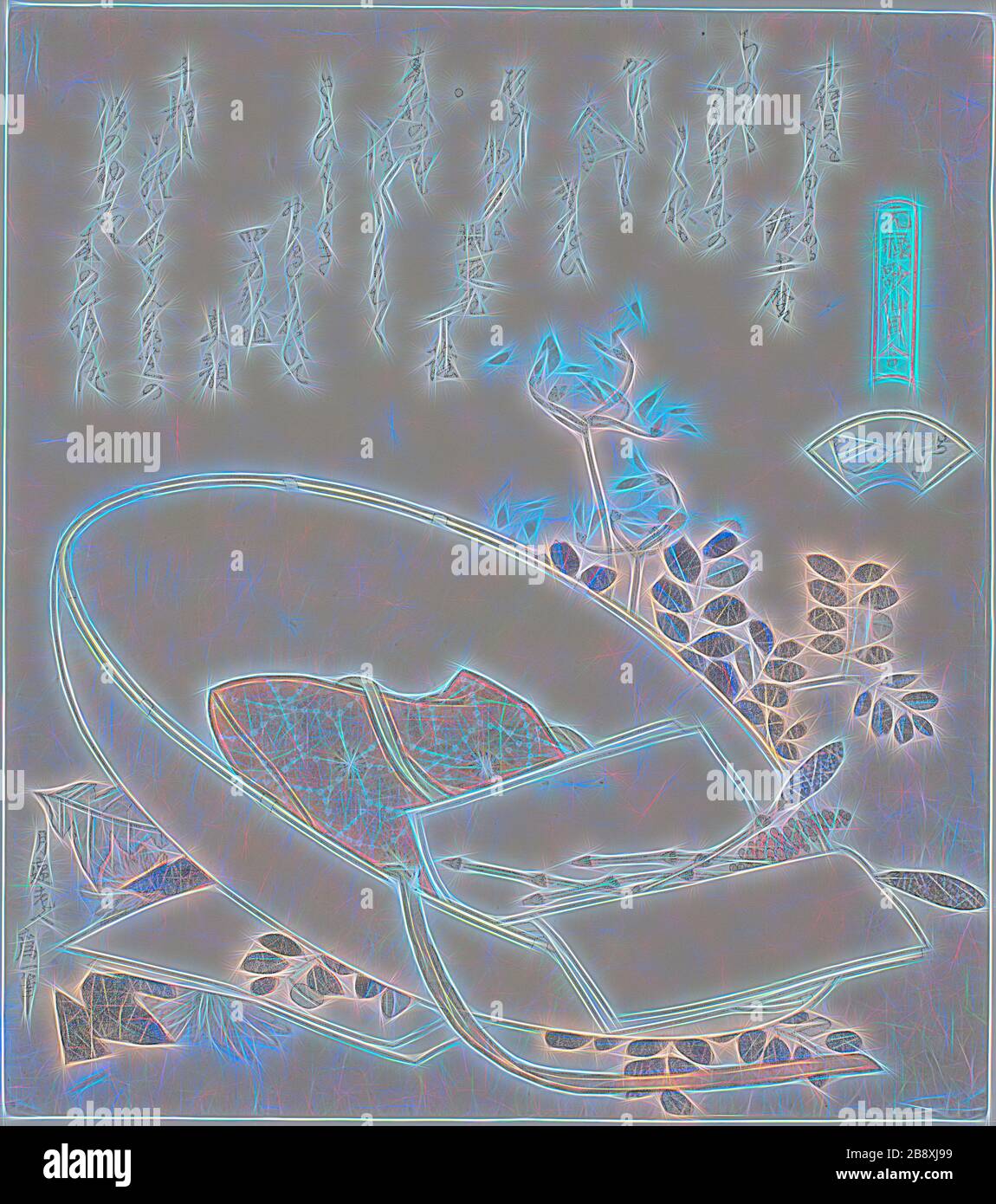 Freshly-Picked Flowers in a Traveler's hat, Illustration for the Thousand-Grases Shell (Chigusagai), from the Series A Matching Game with Genroku-period Poem Shells (Genroku kasen kai Awase), 181, Katsushika Hokusai ?? ??, Japanisch, 170-1849, Japan, Farbholzholzmuster mit Metallpigmenten, Surimono shikishiban, 20,0 x 17,9 cm, von Gibon neu vorgestellt, Design von warmfröhlichem Leuchten von Helligkeit und Lichtstrahlen. Klassische Kunst mit moderner Note neu erfunden. Fotografie, inspiriert vom Futurismus, die dynamische Energie moderner Technologie, Bewegung, Geschwindigkeit und Kultur revolutionieren. Stockfoto