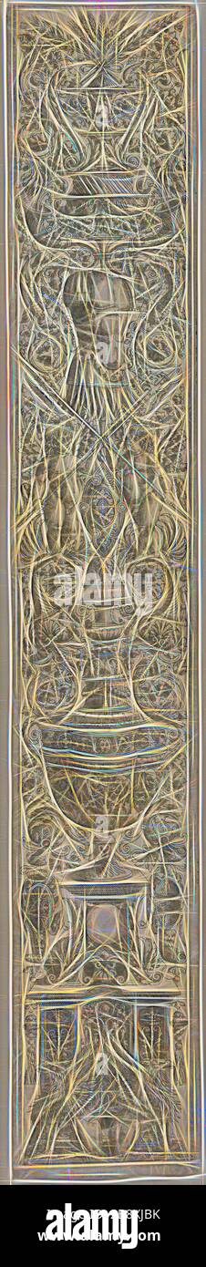 Griffins und zwei Cupiden durchqueren Halberden, Platte fünf von zwölf Schmuckplatten, c 1505-15, Giovanni Antonio da Brescia, Italienisch, ca. 1460-1523, Italien, mit schwarzer Gravur auf gräulichem Elfenbein verlegtem Papier, 534 x 86 mm, von Gibon neu vorgestellt, Design von warmem, fröhlichem Leuchten von Helligkeit und Lichtstrahlen. Klassische Kunst mit moderner Note neu erfunden. Fotografie, inspiriert vom Futurismus, die dynamische Energie moderner Technologie, Bewegung, Geschwindigkeit und Kultur revolutionieren. Stockfoto