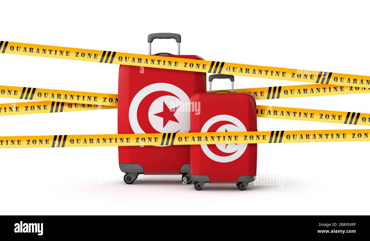 Koffer mit Tunesienfahne in Quarantäneband abgedeckt. 3D-Rendering Stockfoto