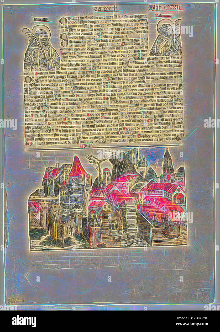 Genf vom Schedel Weltchronik (schedel's World History), Platte 22 von Holzschnitten aus Büchern des 15. Jahrhunderts, 1493, Portfolio montiert 1929, Michel Wolgemut (1434/37-1519) und Wilhelm Pleydenwurff (Deutsch, C. 1460 - 1494), gedruckt und von Anton Koberger (Deutsch, c. veröffentlicht. 1440/45 - 1513), original Text von Hartmann Schedel (1440-1514), Portfolio Text von Wilhelm Ludwig Schreiber (Deutsch, 1855-1932), Deutschland, Holzschnitt in Schwarz mit farbigen Ergänzungen, und Buchdruck in Schwarz mit rubrication (Recto und verso), Auf festem Bütten, Trinkgeld auf Creme webte Papier matte, 427 x 300 Stockfoto
