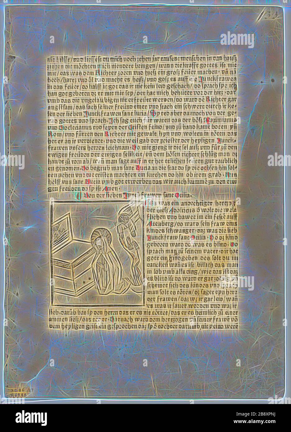 Saint Otilia aus Plenarium, Platte 27 aus Holzschnitten aus Büchern des 15. Jahrhunderts, c 1483, Portfolio montiert 1929, Unbekannter Künstler (Strassburg, Ende 15. Jahrhundert), gedruckt und herausgegeben von Martin Schott (Deutsch, aktiv 1481-1499), Portfolio-Text von Wilhelm Ludwig Schreiber (Deutsch, 185-1932), Deutschland, Holzschnitt in Schwarz mit Stift- und Graufarben-Ergänzungen, Und Briefpapier in schwarz mit Rüschierung (Recto und Verso), auf cremefarbenem Papier, 67 x 76 mm (Bild), 283 x 210 mm (Blatt), von Gibon neu vorgestellt, Design von warmfröhlichem Leuchten von Helligkeit und Lichtstrahlen. Klassische Kunst neu erfunden mit Stockfoto