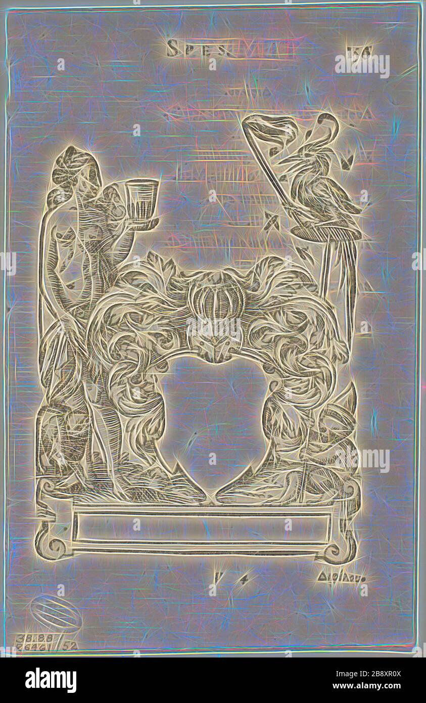 Emblem mit leerem heraldischen Schild, Folio 156 von der Anthologenia  Gnomonica, 1579, in Mappe zusammengestellt 1937, Jost Amman (schweizerisch,  1539-1591), gedruckt von Sigmund Feyerabend (deutsch, 1527-1590),  Originaltext von Henri Estienne ...