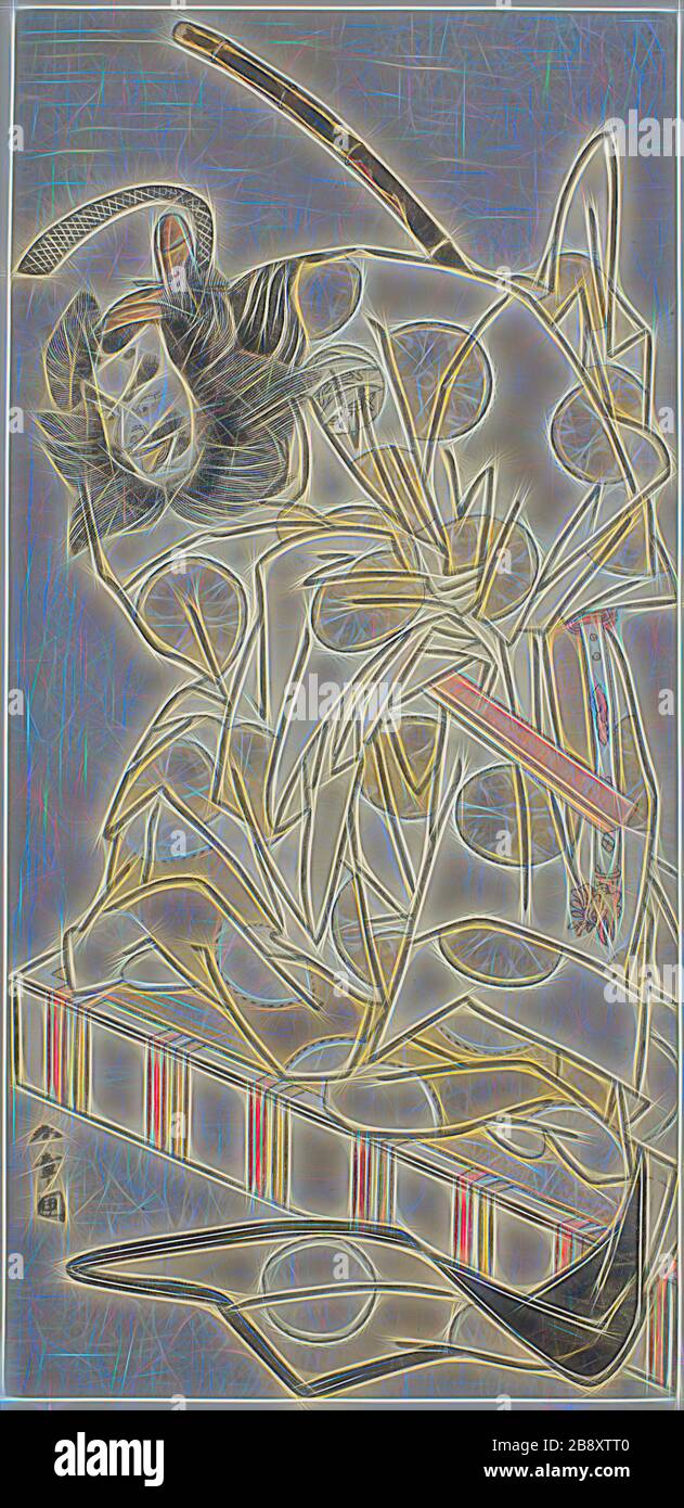 Der Schauspieler Nakajima Mihoemon II. Als Bomon no Saisho Kiyotada in The Play Oyafune Taiheiki trat im elften Monat, 1775, c., im Ichimura Theater auf 1775, Katsukawa Shunsho ?? ??, Japanisch, 1726-172, Japan, Farbholzmuster, Hosobin, 29,8 x 14,3 cm (11 3/4 x 5 5/8 in.), von Gibon neu vorgestellt, Design von warmem, fröhlichem Leuchten von Helligkeit und Lichtstrahlen. Klassische Kunst mit moderner Note neu erfunden. Fotografie, inspiriert vom Futurismus, die dynamische Energie moderner Technologie, Bewegung, Geschwindigkeit und Kultur revolutionieren. Stockfoto