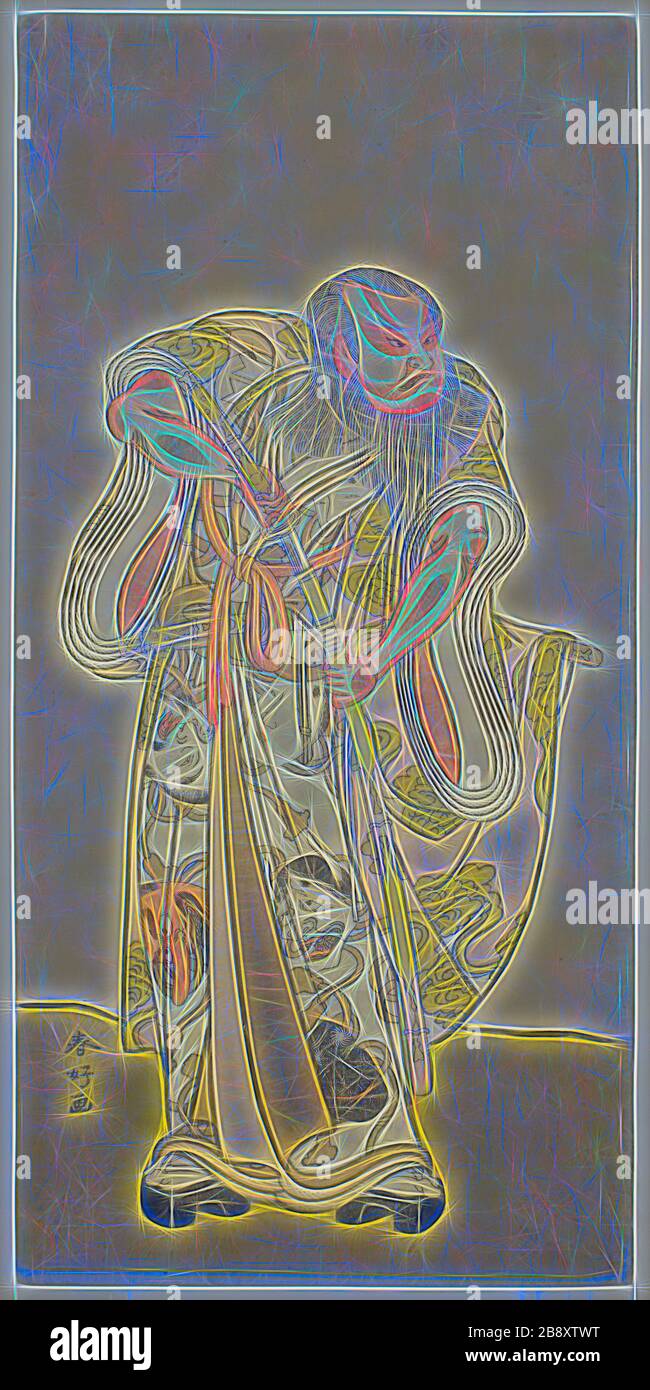 Der Schauspieler Sakata Hangoro II als Hige no Ikyu in dem Stück Shida Yakata Yotsugi no Hikibune trat im fünften Monat, 178o, im Ichimura Theater auf Katsukawa Shunko I, Japanisch, 1743-1812, Japan, Farbholzblockdruck, hosobin, aus einer mehrblechigen Komposition, 31 x 15,1 cm (12 3/16 x 5 5/16 in.), von Gibon neu vorgestellt, Design von warmem, fröhlichem Leuchten von Helligkeit und Lichtstrahlen. Klassische Kunst mit moderner Note neu erfunden. Fotografie, inspiriert vom Futurismus, die dynamische Energie moderner Technologie, Bewegung, Geschwindigkeit und Kultur revolutionieren. Stockfoto