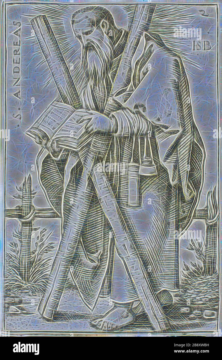 St. Andrew, Platte 2 von den zwölf Aposteln, 1545, Sebald Beham, Deutsch, 1500-1550, Deutschland, Gravur in Schwarz auf weißem Taubenpapier, 44 x 29 mm (Bild/Platte), 305 x 240 mm (Blatt), von Gibon neu vorgestellt, Design von warmfröhlichem Leuchten von Helligkeit und Lichtstrahlen. Klassische Kunst mit moderner Note neu erfunden. Fotografie, inspiriert vom Futurismus, die dynamische Energie moderner Technologie, Bewegung, Geschwindigkeit und Kultur revolutionieren. Stockfoto