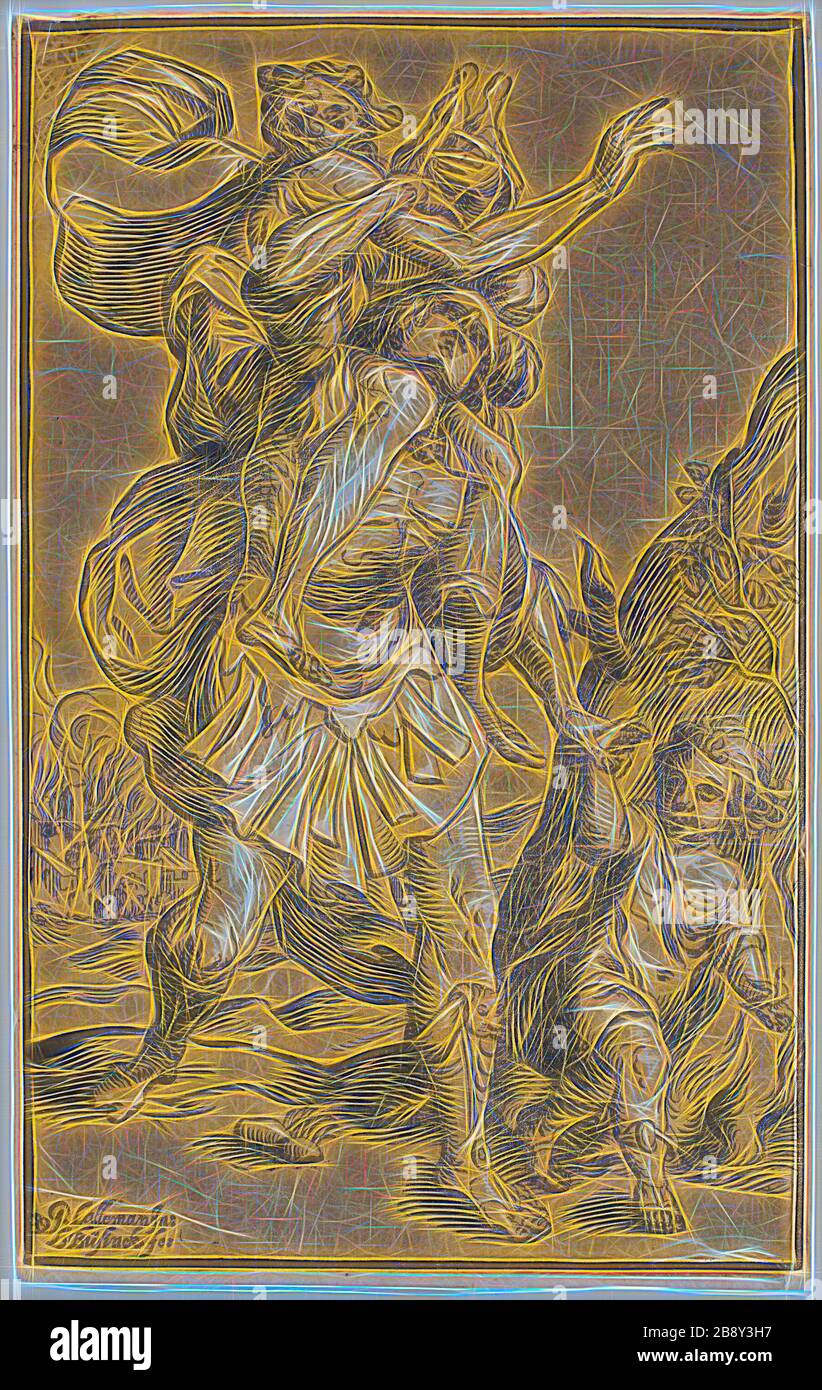 Aeneas, der seinen Vater, Anchises, 1643, Ludolph Büsinck (Deutsch, 1599/1602-1669), nach Georges Lallemand (Französisch, 1575-1636), Deutschland trägt, Chiaroscuro Holzschnitt aus zwei Blöcken (schwarzer Linienblock und beigefarbener Tonblock) auf elfenbeinfarbenem Papier, 348 x 218 mm (Grenze), 355 x 222 mm (Blatt), nach Gibon Design mit warmem, fröhlichem Glanz von Helligkeit und Lichtstrahlen. Klassische Kunst mit moderner Note neu erfunden. Fotografie, inspiriert vom Futurismus, die dynamische Energie moderner Technologie, Bewegung, Geschwindigkeit und Kultur revolutionieren. Stockfoto