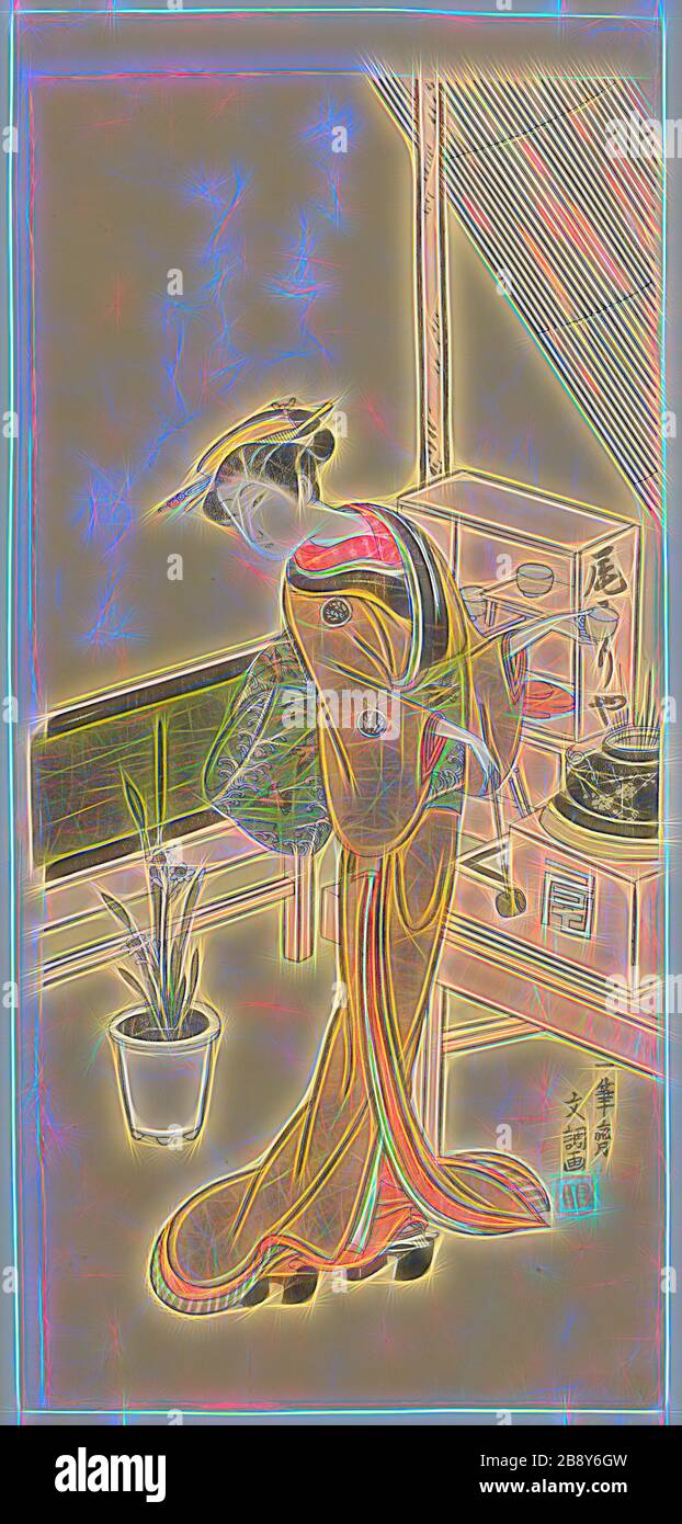 Kellnerin im Owariya Teahouse, c 17601, Ippitsusai Buncho, Japanisch, aktiv 1755-90, Japan, Farbholzmuster, Hosobin, 32,7 x 15,5 cm (12 7/8 x 6 1/8 Zoll), von Gibon neu vorgestellt, Design von warmem, fröhlichem Leuchten von Helligkeit und Lichtstrahlen. Klassische Kunst mit moderner Note neu erfunden. Fotografie, inspiriert vom Futurismus, die dynamische Energie moderner Technologie, Bewegung, Geschwindigkeit und Kultur revolutionieren. Stockfoto
