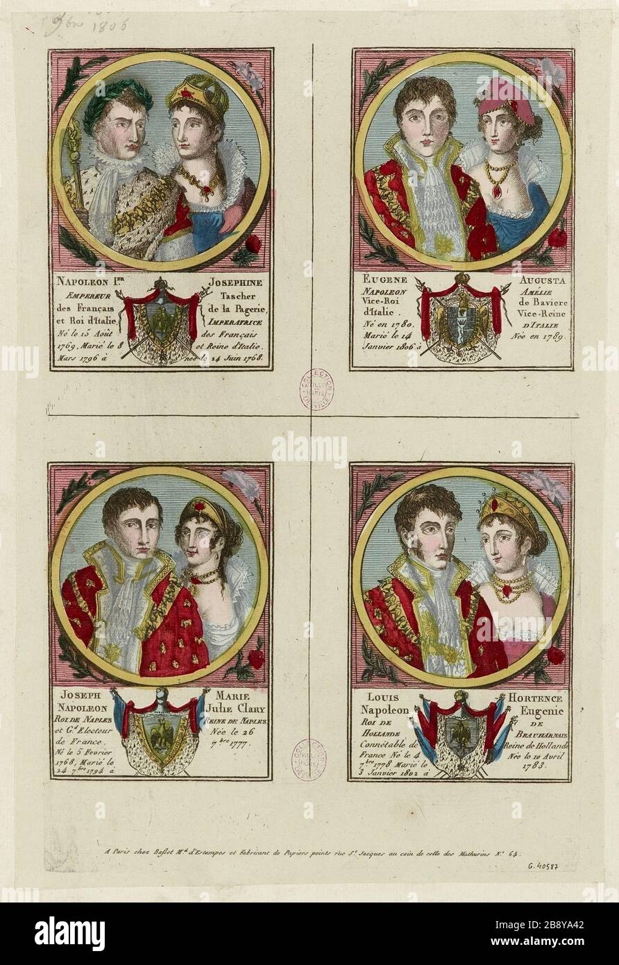 Vier Paare Porträts von Napoleon und Josephine, Eugene Beauharnais und Augusta, Joseph und Julie Clary, Louis und Hortense de Beauharnais Stockfoto