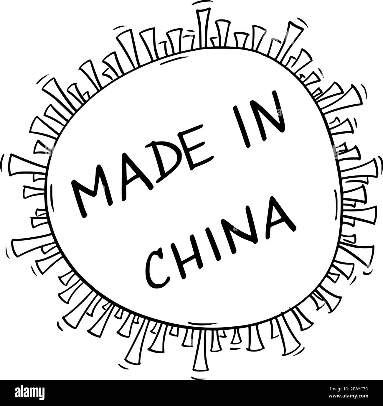 Vektor-Cartoon-Zeichnung konzeptionelle Abbildung des Virus, Coronavirus covid-19 mit Made in china Text, der auf seinen Ursprung in Wuhan, Hubei in China oder der VR China verweist. Stock Vektor