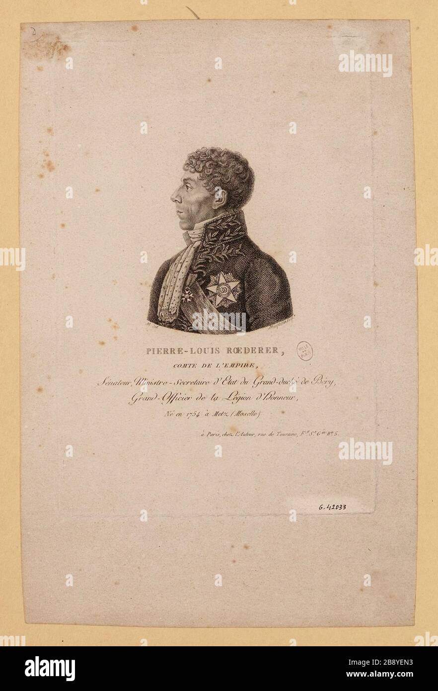 Pierre Louis Roederer, / Graf des Kaiserreichs / Minister Senator Staatssekretär des Großbürgertums Béry / Großoffizier der Ehrenlegion. Stockfoto