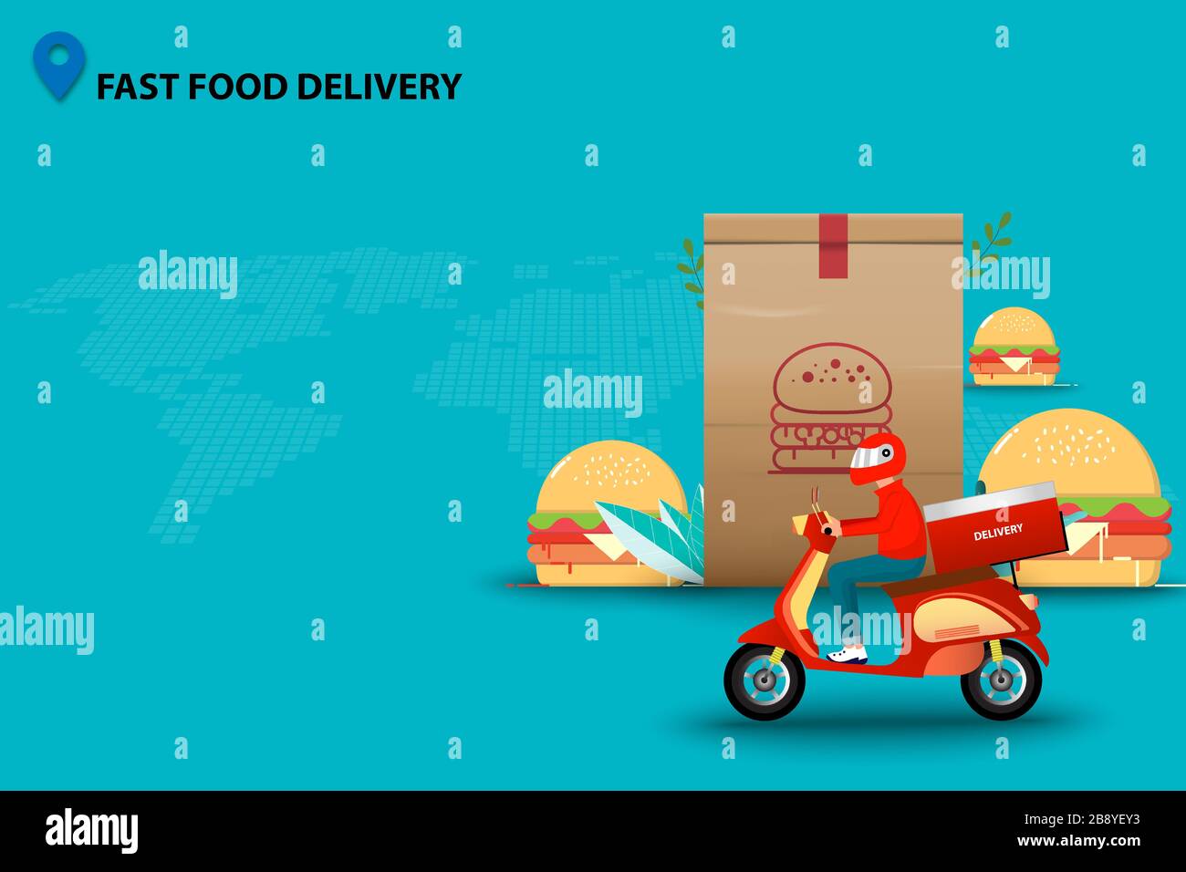 Konzept des Fast-Food-Lieferservice, ein Mann, der mit einem Roller vor einem großen Hamburger fährt und Papier in grünem Farbhintergrund verpackt. Stock Vektor