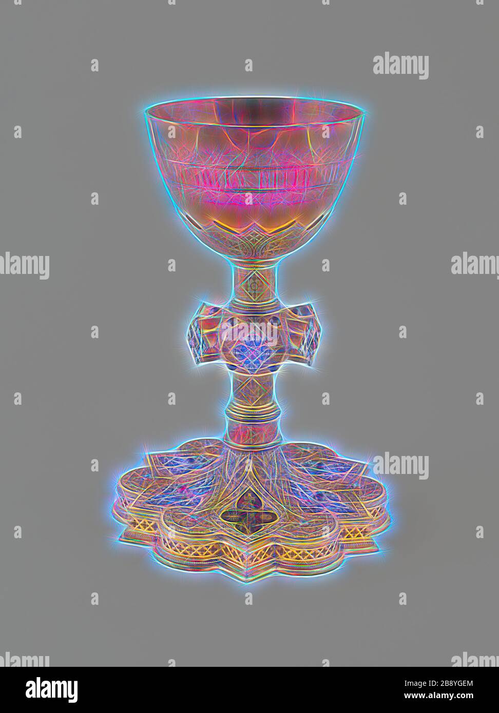 Modell Chalice, ca. 1849, entworfen von Augustus Welby Northmore Pugin, Englisch, 1830-1852, hergestellt von John Hardman & Company, Birmingham, England, 1838-2008, England, Gilt Basismetall, Emails und halbglänzende Steine, H. 26 cm (10 1/4 Zoll), von Gibon neu entworfen, Entwurf von warmem, fröhlichem Leuchten von Helligkeit und Lichtstrahlen. Klassische Kunst mit moderner Note neu erfunden. Fotografie, inspiriert vom Futurismus, die dynamische Energie moderner Technologie, Bewegung, Geschwindigkeit und Kultur revolutionieren. Stockfoto