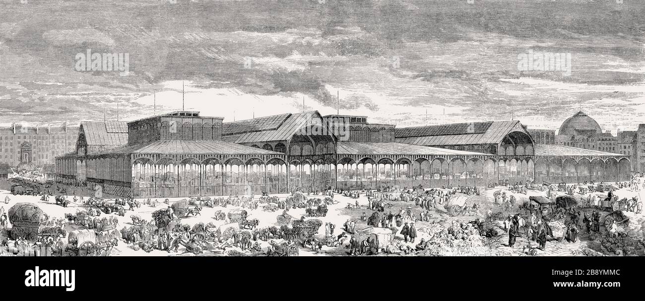 Les Halles, der zentrale Frischemarkt von Paris, Frankreich, 1857 Stockfoto