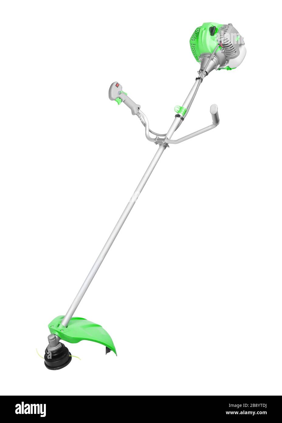 Neuer moderner grüner Schnurschneider mit Benzinmotor isoliert auf weißem Hintergrund. Vertikaler Schuss. Stockfoto
