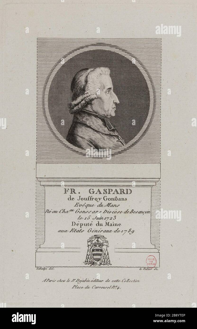 Gaspard François Jouffroy Gonsans, Bischof von Le Mans, Mitgliedsstaaten der Maine 1789 Generale. Charles-François Le Tellier (1743-1800). "François Gaspard de Jouffroy Gonsans, évêque du Mans, député du Maine aux états Généraux de 1789". Physionotraces. Paris, musée Carnavalet. Stockfoto