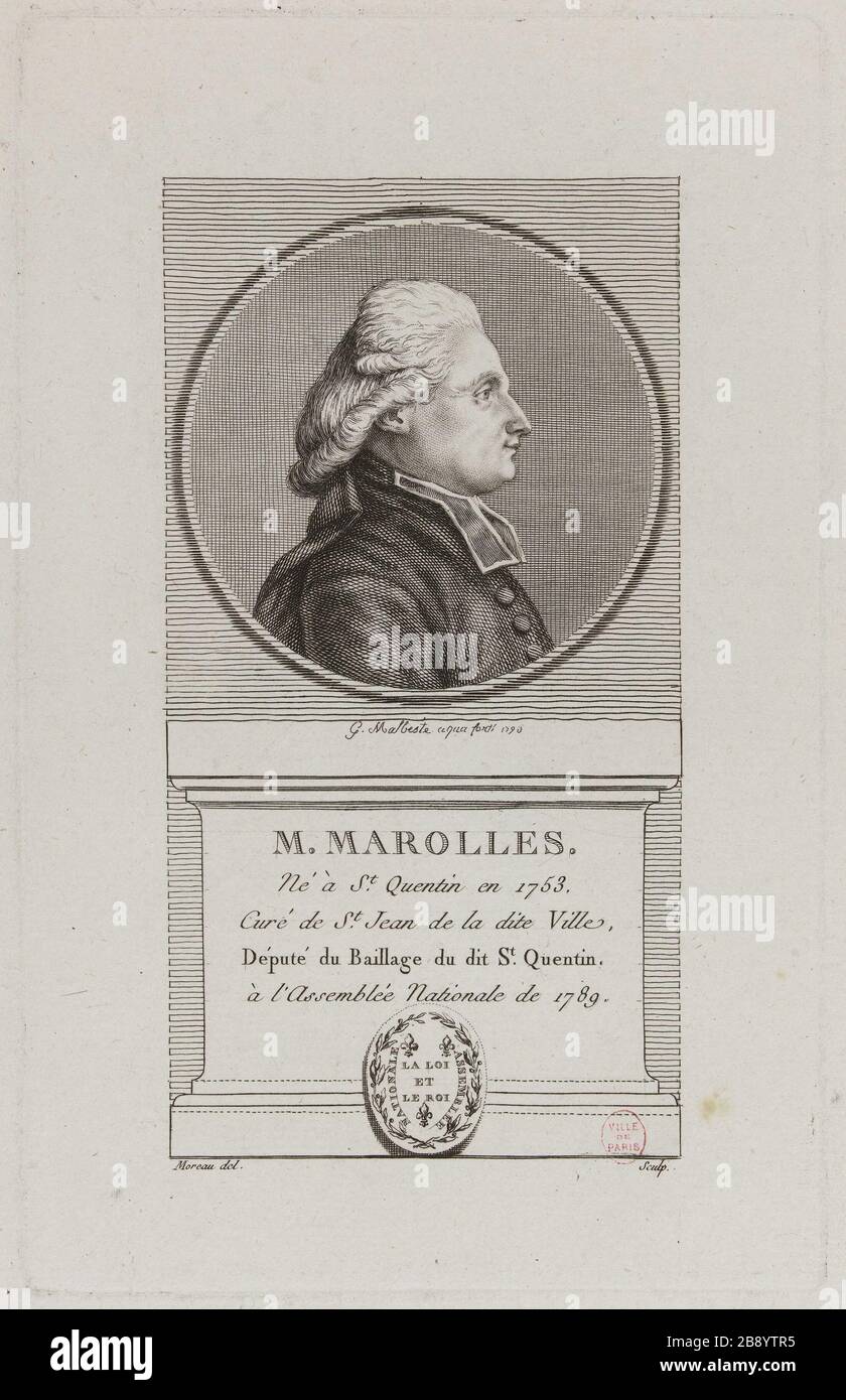 Herr Marolles: Ne' NACH St. Quentin im Jahr 1753. Cure' des heiligen Johannes der besagten Stadt, sagte der Abgeordnete der Gerichtsvollzieher von St. Quentin in einer Nationalversammlung von 1789. Jean-Michel Moreau (1741-1814) et Georges Malbeste, ou Malbête (1753-1843). "M. Marolles: Ne' a' St Quentin en 1753. Cure' de St Jean de la dite ville, de'pute' du baillage du dit St Quentin a' l'Assemble'e nationale de 1789'. Physionotrace. Paris, musée Carnavalet. Stockfoto