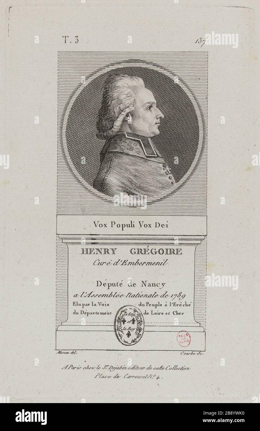 Gregory Henry, Pastor von Embermenil, Nancy Abgeordneter zur Nationalversammlung im Jahr 1789. Wilbrode-Magloire-Nicolas Courbe. "Henry Grégoire, curé d'Embermenil, député de Nancy à l'Assemblée nationale de 1789". Physionotraces. Paris, musée Carnavalet. Stockfoto