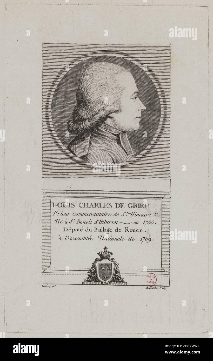 Louis Charles Grieu, Abgeordneter der Vogtei Rouen in der Nationalversammlung 1789. Pierre-Guillaume-Alexandre Beljambe (1759-1820). "Louis-Charles de Grieu, député du Baillage de Rouen à l'Assemblée nationale de 1789". Physionotraces. Paris, musée Carnavalet. Stockfoto