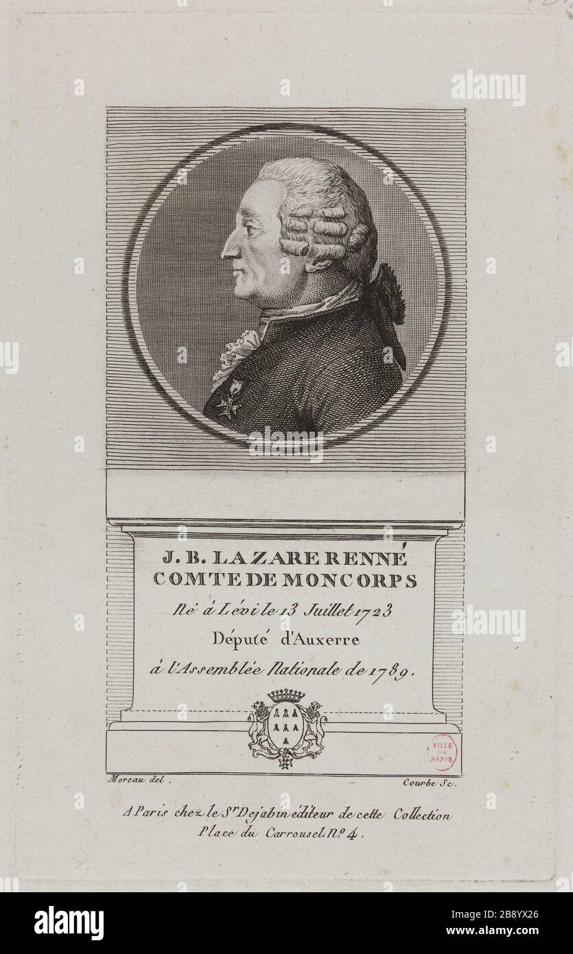 J.B Lazarus Renné Graf Moncorps, Auxerre Abgeordneter. Wilbrode-Magloire-Nicolas Courbe (né en 1754). "J.B Lazare Renné Comte de Moncorps, député d'Auxerre". Physionotrace. Paris, musée Carnavalet. Stockfoto