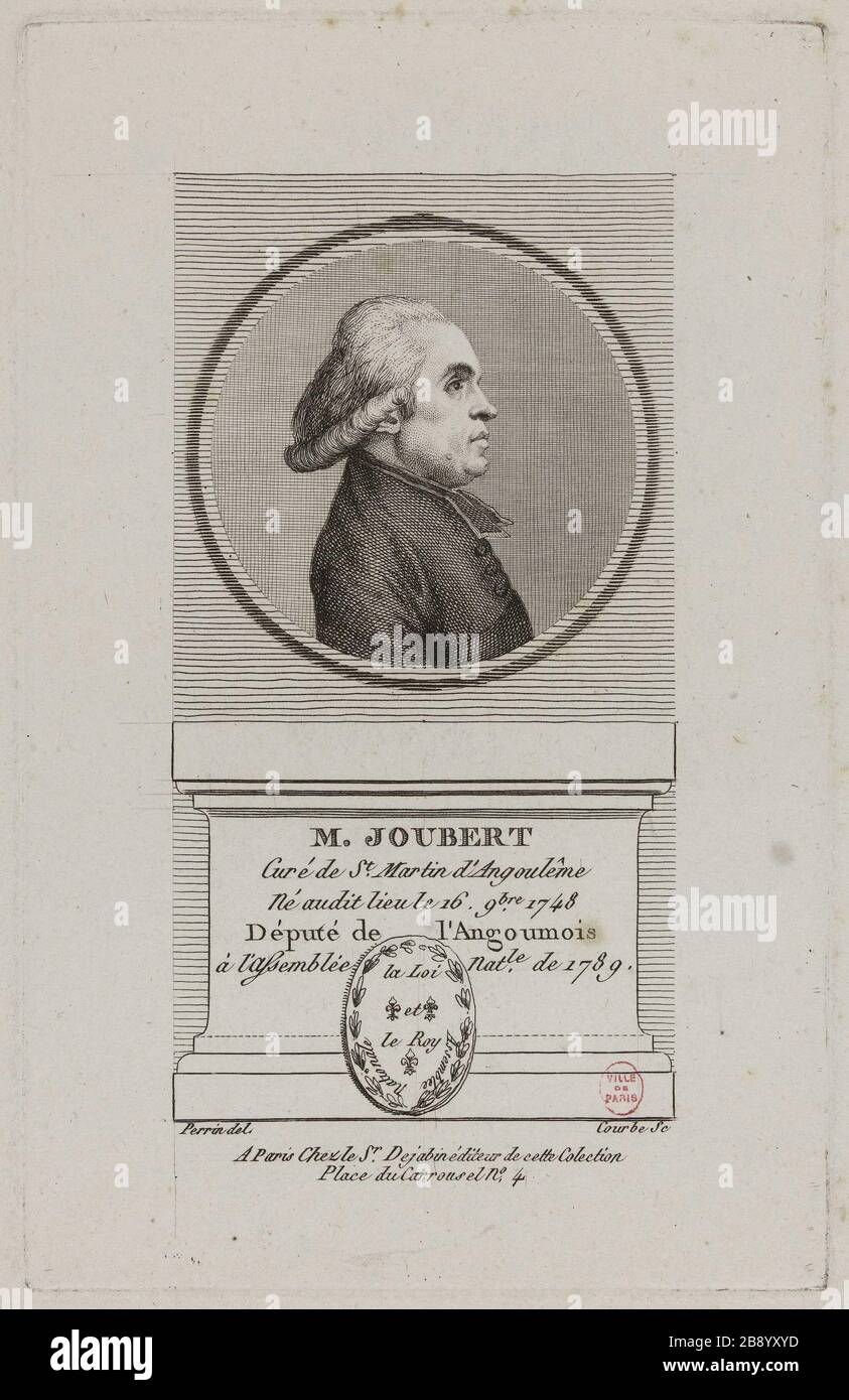 Herr Joubert, Pfarrer von St. Martin d'Angouleme, Abgeordneter Angoumois, der Nationalversammlung 1789. Wilbrode-Magloire-Nicolas Courbe. "M. Joubert, curé de St Martin d'Angouleme, député de l'Angoumois à l'Assemblée nationale de 1789'. Physionotraces. Paris, musée Carnavalet. Stockfoto