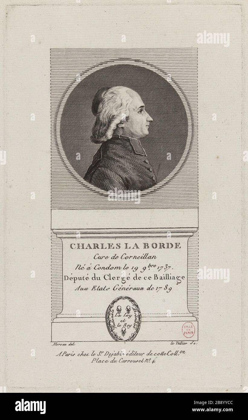 Charles La Borde, Pfarrer von Corneillan, Klerus Abgeordneter Corneillan Bailiwick gibt 1789 Präsidenten. Jean-Baptiste Le Tellier, dit Le Tellier Fils (1759-1812). "Charles La Borde, curé de Corneillan, député du Clergé du Baillage de Corneillan aux Etats Généraux de 1789". Physionotraces. Paris, musée Carnavalet. Stockfoto