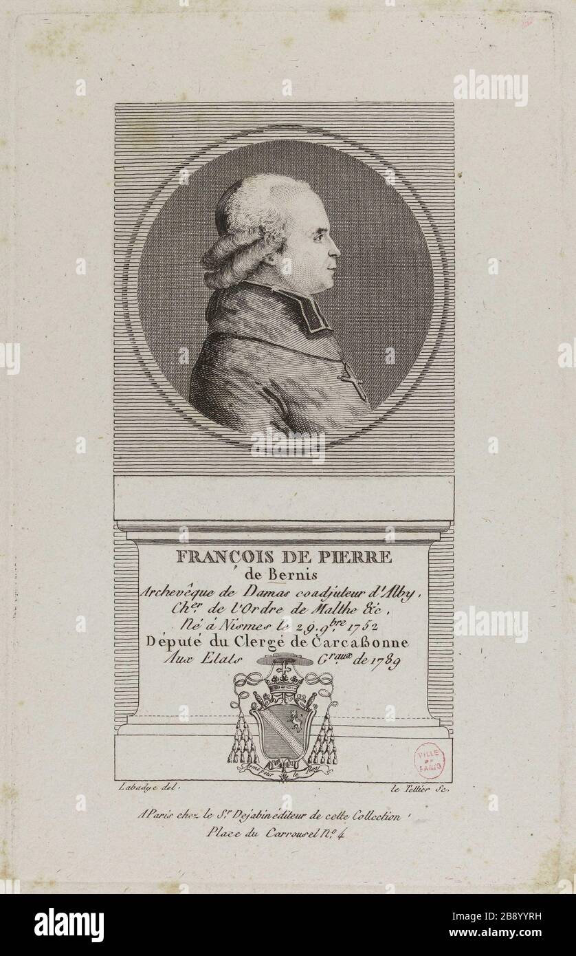 Francois Joachim de Pierre de Bernis, Erzbischof von Damaskus, Klerus von Carcassonne. Charles-François Le Tellier (1743-1800). "Francois Joachim de Pierre de Bernis, archevêque de Damas, député du Clergé de Carcassonne". Physionotrace. Paris, musée Carnavalet. Stockfoto