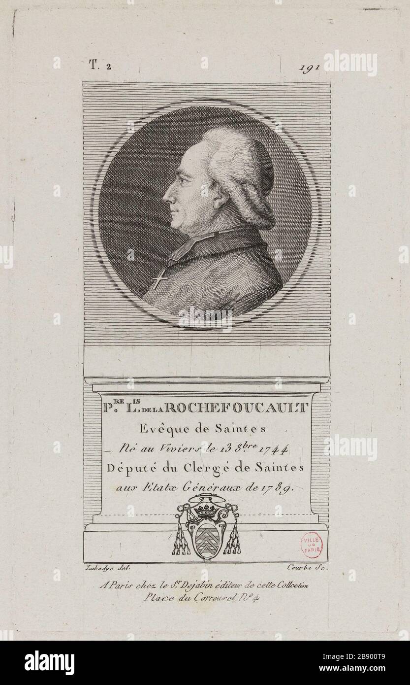 Pierre Louis de la Rochefoucauld, Bischof von Saintes, Klerus MP Saintes. Wilbrode-Magloire-Nicolas Courbe. "Pierre Louis de la Rochefoucault, évêque de Saintes, député du Clergé de Saintes". Physionotraces. Paris, musée Carnavalet. Stockfoto
