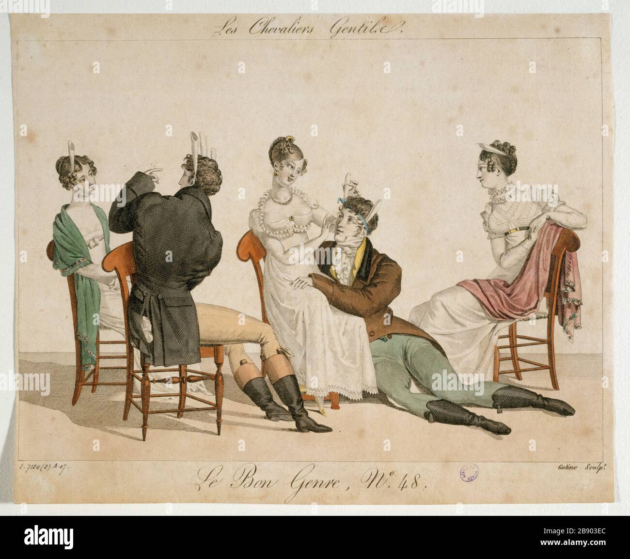 DIE RICHTIGE ART - RITTER GENTILE Georges-Jacques Gatine. "Le Bon Genre numéro 48: Les chevaliers gentils - 1811". Paris, musée Carnavalet. Stockfoto