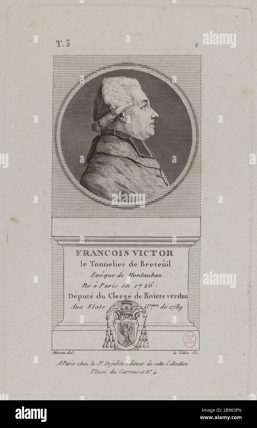 François Victor, Cooper Breteuil, Bischof von Montauban, Klerus Mitglied für Rivière Verdun. Jean-Baptiste Le Tellier, dit Le Tellier Fils (1759-1812). "François Victor, le Tonnelier de Breteuil, évêque de Montauban, député du Clergé de Rivière Verdun". Physionotraces. Paris, musée Carnavalet. Stockfoto