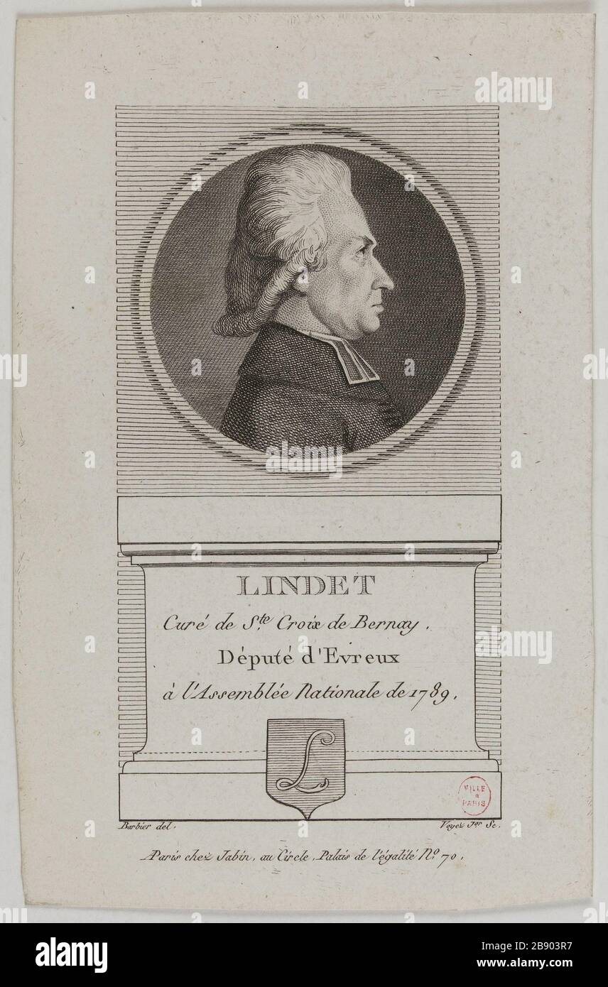 Lindet, Pfarrer von Ste Croix de Bernay, Mitglied von Evreux. Francois Voyez (1746-1805). "Lindet, curé de ste Croix de Bernay, député d'Evreux". Physionotraces. Paris, musée Carnavalet. Stockfoto