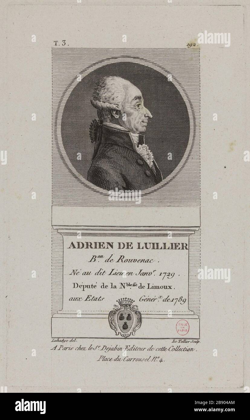 Adrien Luillier Baron Rouvenac, Stellvertreter des Adels von Limoux. Charles-François Le Tellier (1743-1800). "Adrien de Luillier, Baron de Rouvenac, député de la Noblesse de Limoux". Physionotraces. Paris, musée Carnavalet. Stockfoto
