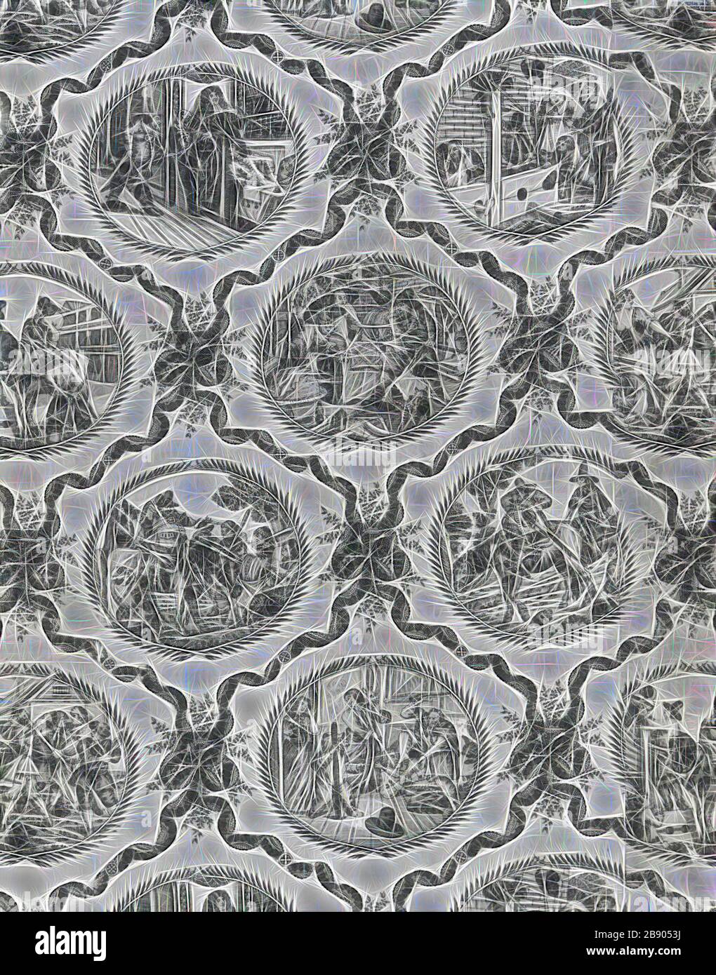 Bettbezug, 1780er Jahre, eingraviert von William Hogarth (Englisch, 1697-1764) nach Illustrationen von Samuel Butler (Englisch, 1612-1680), England, Baumwolle, einfarbiges Webmuster, Kopperplatte bedruckt, umrandet und mit Baumwolle, einfarbig Webart, gesteppt, zweieinhalb Tafeln verbunden, 251,3 × 172,8 cm (98 7/8 × 68 Zoll), neu von Gibon, neu gefasst Design mit warmem, fröhlichem Glanz von Helligkeit und Lichtstrahlen. Klassische Kunst mit moderner Note neu erfunden. Fotografie, inspiriert vom Futurismus, die dynamische Energie moderner Technologie, Bewegung, Geschwindigkeit und Kultur revolutionieren. Stockfoto