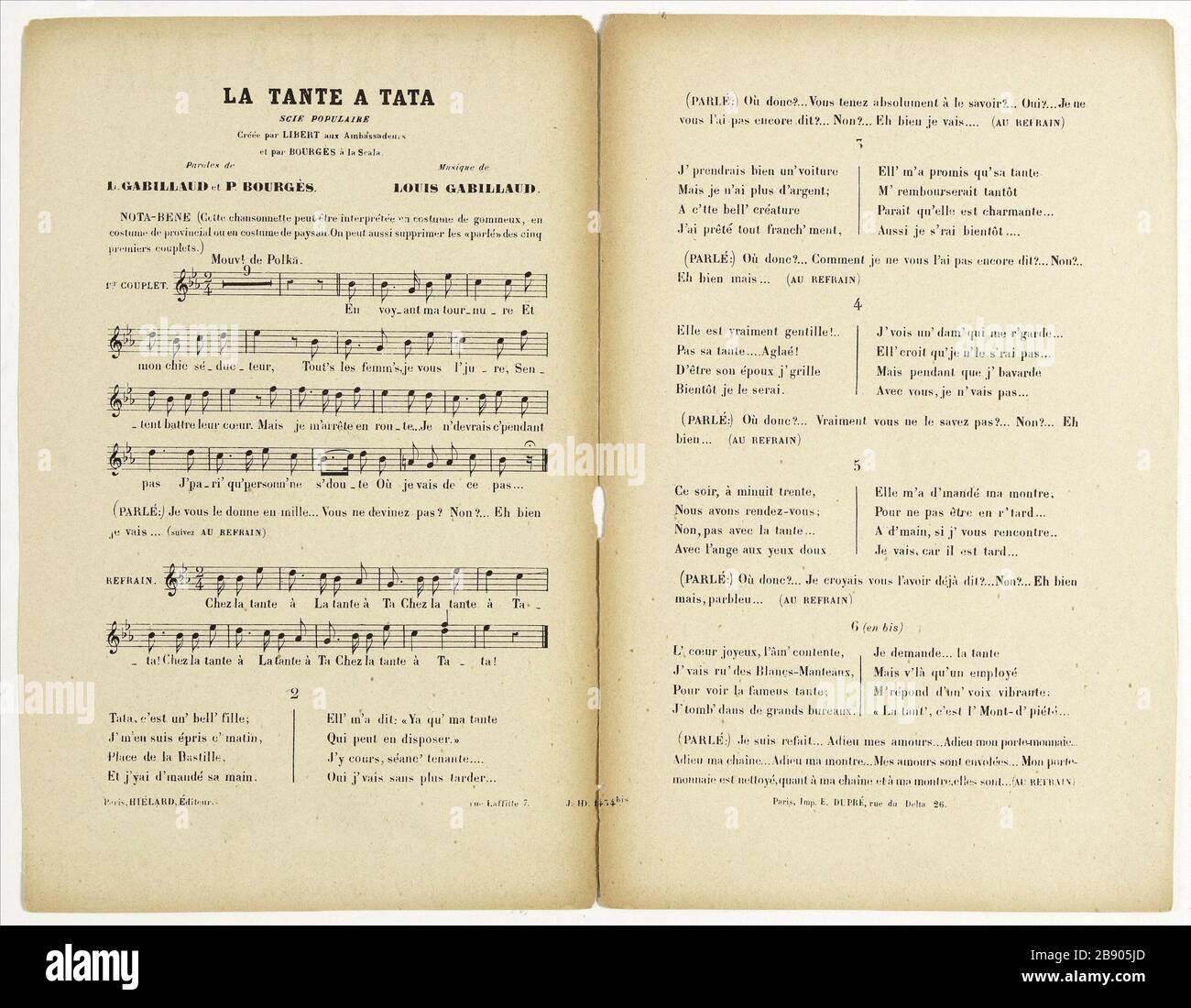 Score Collection Vimont Tante Tata Anonyme. Partition, Sammlung Vimont. "La tante à Tata". Lithographie. Paris, musée Carnavalet. Stockfoto