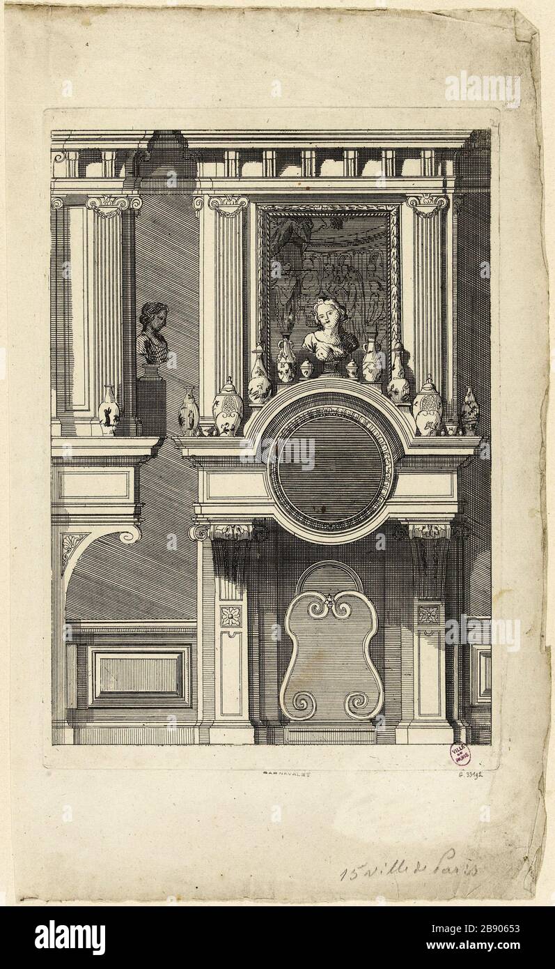 PROJEKTFEUER Daniel Marot le Vieux (vers 1663-1752). "Projet de cheminée". Burin. Paris, musée Carnavalet. Stockfoto