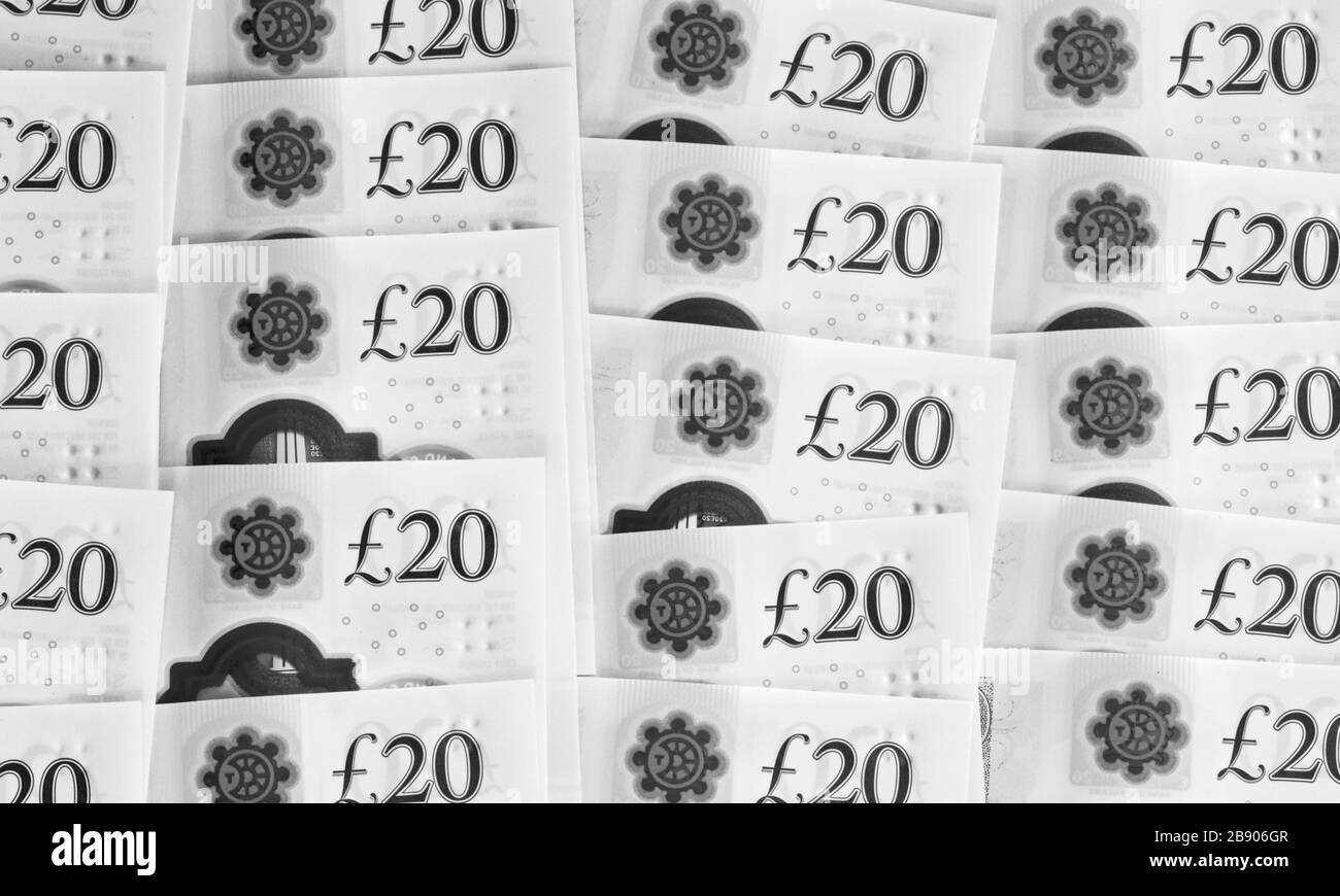 Lilafarbener Folienaufnäher auf den neuen £20-Banknoten Großbritanniens Stockfoto
