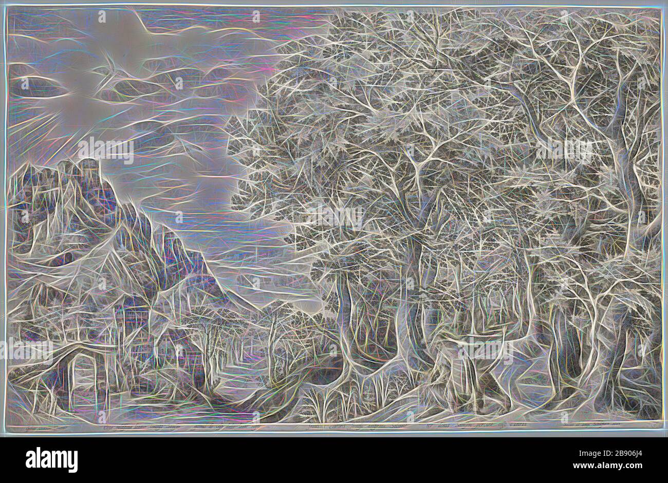 Samson Killing the Lion, 1603, Nicolaes de Bruyn (flämisch, 1571-1656), nach Gillis van Coninxloo (Netherlandish, c 1544-1607), Flanders, in Schwarz graviert auf elfenbeinfarbenem Laienpapier, 442 × 688 mm, von Gibon neu vorgestellt, Design von warmem fröhlichem Leuchten von Helligkeit und Lichtstrahlen. Klassische Kunst mit moderner Note neu erfunden. Fotografie, inspiriert vom Futurismus, die dynamische Energie moderner Technologie, Bewegung, Geschwindigkeit und Kultur revolutionieren. Stockfoto