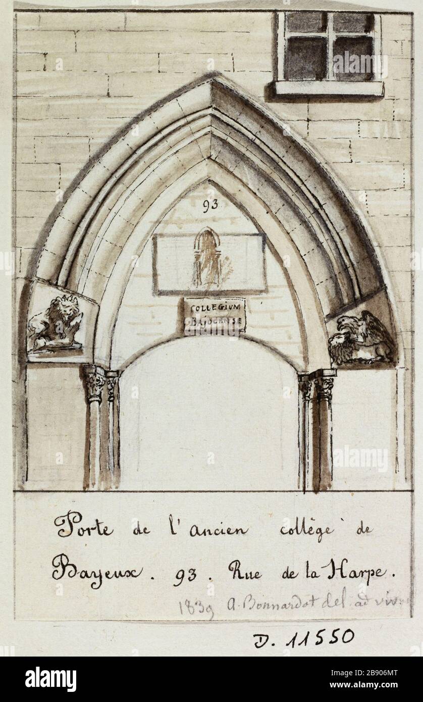 Tor Bayeux College, 93 rue de la Harpe Alfred Bönardot (1808-1884). Porte du collège de Bayeux, 93 rue de la Harpe. Plume et crayon sur Papier calque, 1839. Paris, musée Carnavalet. Stockfoto