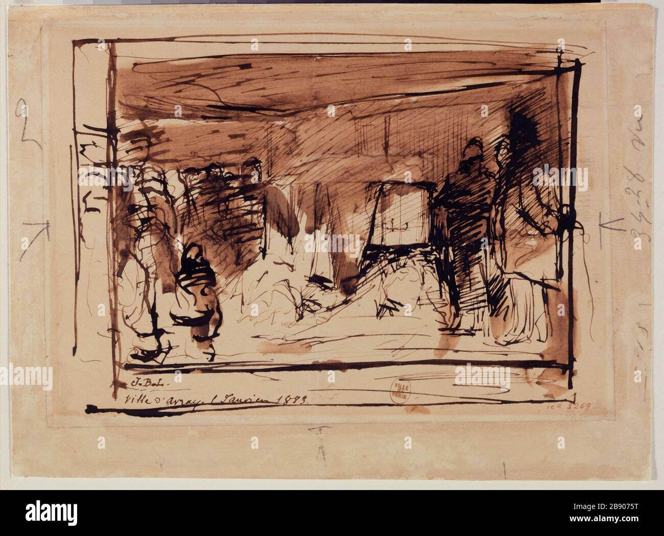 Um den Sarg der Gambetta. Jules-Bastien-Lepage (1848-1884). Autour du cercueil de Gambetta. 1883. Plume lavée de bistre. Paris, musée Carnavalet. Stockfoto