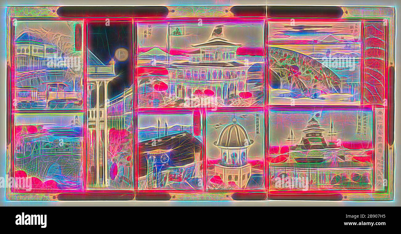 Acht moderne Ansichten berühmter Orte in Tokio von Great Japan (Dai Nippon Tokyo kaika meisho hakkei no zu), 1875, Utagawa Kunisada II (Kunimasa III, Toyokuni IV), Japanisch, 1823-1880, Japan, Farbholzmuster, oban Triptychon, 36,2 x 73,5 cm, Panel, 1825/35, England, Baumwolle, 63,5 cm einfarbig, 33,5 × (14 × 25 in.), von Gibon neu vorgestellt, Design von warmem, fröhlichem Leuchten von Helligkeit und Lichtstrahlen. Klassische Kunst mit moderner Note neu erfunden. Fotografie, inspiriert vom Futurismus, die dynamische Energie moderner Technologie, Bewegung, Geschwindigkeit und Kultur revolutionieren. Stockfoto