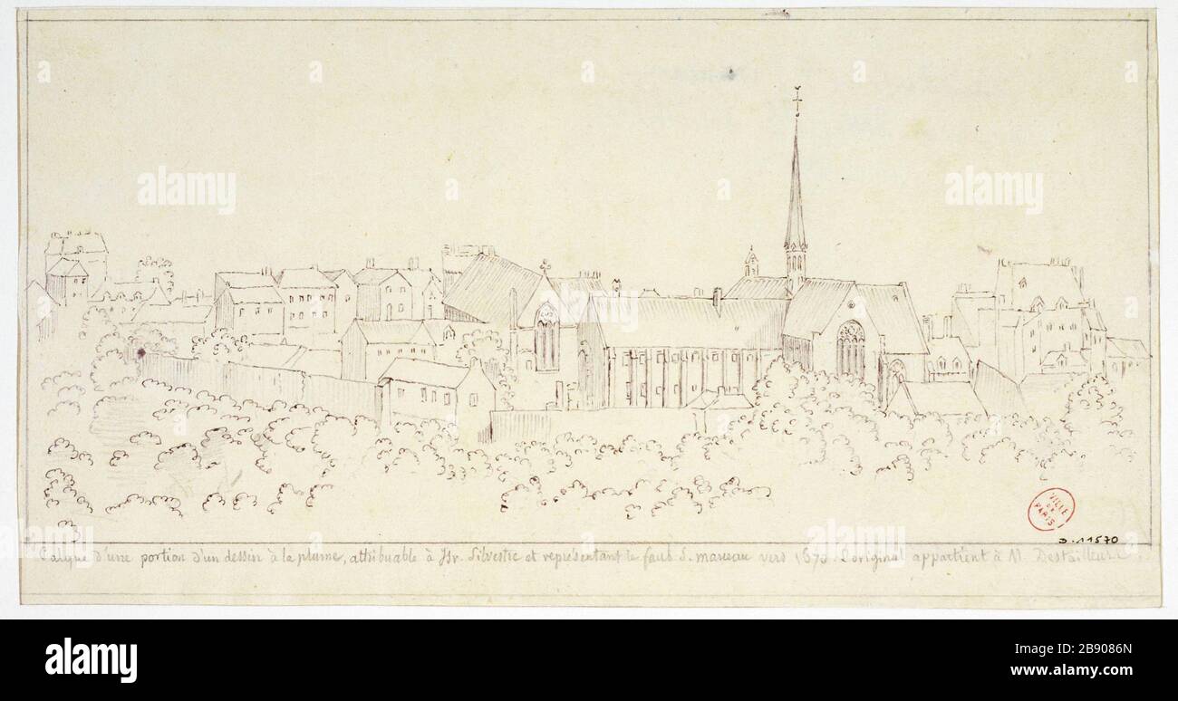 Ehemaliges Kloster der Cordeliers, rue Broca Alfred Bonnardot (1808-1884). Ancien coulent des Cordeliers, rue Broca. Plume et crayon sur Papier crème clair, 1801-1900. Paris, musée Carnavalet. Stockfoto