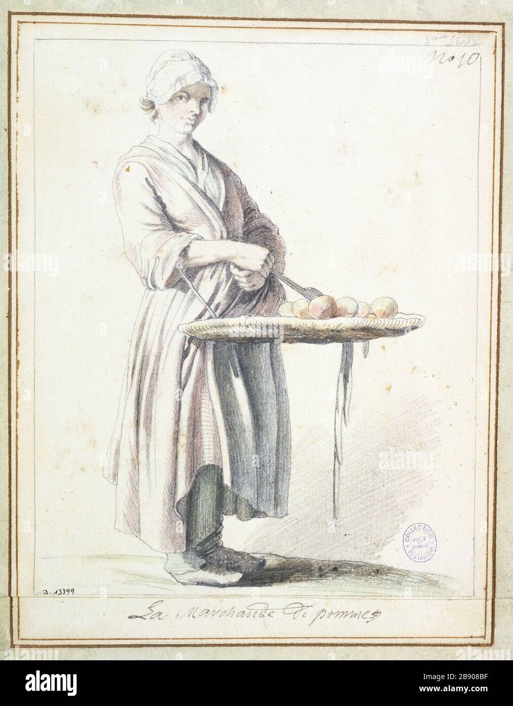Der apfelmarkt Edme Bouchardon (1698-1762). La marchande de pommes. Crayon et aquarelle sur Papier cartonné crème, 1698-1762. Paris, musée Carnavalet. Stockfoto