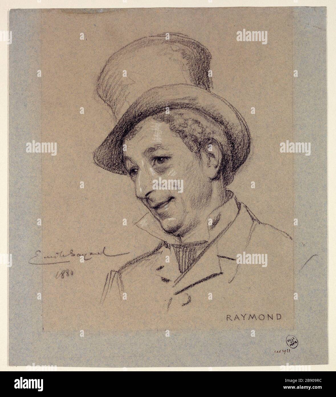 Porträt von Raymond, Schauspieler aus dem Königspalast. Emile-Antoine Bayard (1837-1891). Portrait de Raymond, acteur du Palais Royal. 1880. Crayon noir rehaussé de gouache sur papier blauté chiné. Paris, musée Carnavalet. Stockfoto