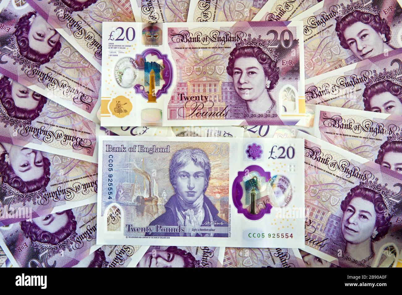 Die 20-Pfund-Banknoten aus dem Jahr 2020 aus Polymer £von der Bank of England mit dem Künstler JMW Turner Stockfoto